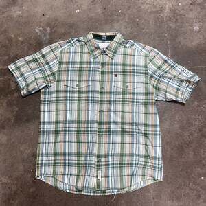 Vintage Quiksilver Men's Short Sleeve Plaid Button Up Shirt Green/Orange Size M